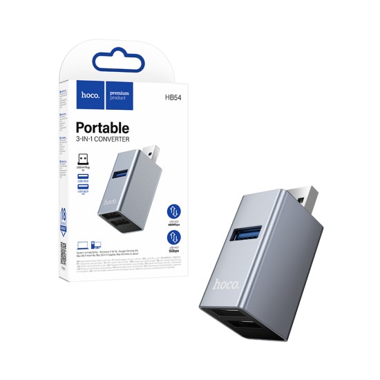 Hoco HB54 Conversor Portátil 3 em 1 USB para 2 USB 2.0 + USB 3.0 Cinza Metalizado